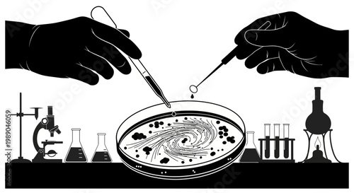 Microbiology Laboratory: Hands Conducting Scientific Experiment with Petri Dish and Equipment