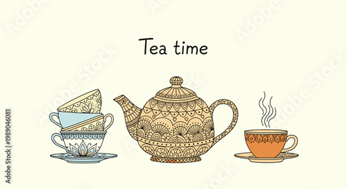 Elegant tea time composition featuring an intricately patterned teapot and several matching teacups in soft blue and orange tones.