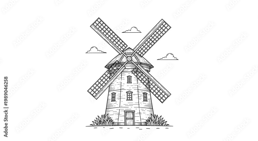 Obraz premium Detailed black and white line drawing of a traditional Dutch windmill standing in a rural field under a cloudy sky.