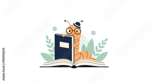 Cute bookworm caterpillar wearing glasses and a tiny hat while happily reading a large blue book amidst green leaves.