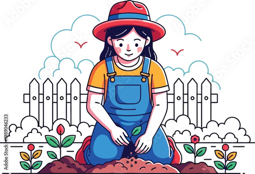 A young girl planting seeds in a garden with a white picket fence