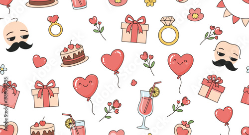Romantic seamless pattern featuring wedding rings heart balloons gift boxes cakes and cute characters on a white background.