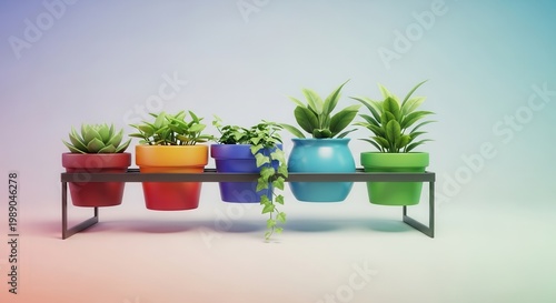Vibrant indoor plant collection in colorful pots on a sleek modern stand enhancing a bright