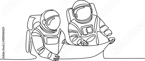 Astronauts Continuous One Line Drawing Space Team Planning Mission Concept Illustration