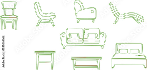 A set of wooden furniture icons featuring a comfortable brown chair and wicker stool for home interior decoration.