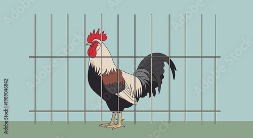 Rooster standing behind metal fence bars.