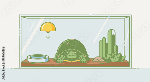 Turtle in a glass terrarium habitat.
