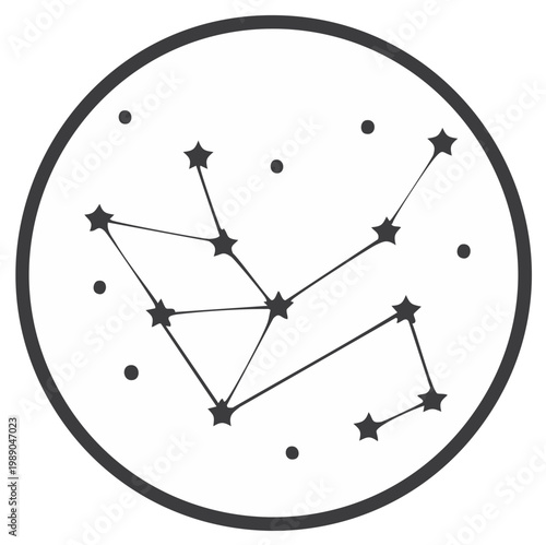 Constellation icon in circle shape, schematic of stars connected with lines astronomy design, celestial bodies science vector