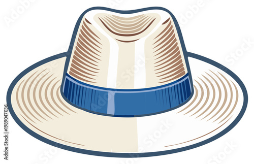 Illustration of Elegant Beige Fedora Hat with Blue Band in Stylized Vector
