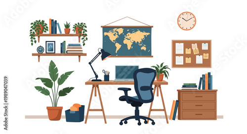 Modern and organized home office workspace featuring a wooden desk laptop chair bookshelves world map and various indoor plants.