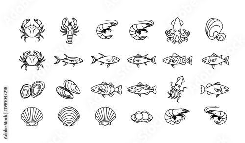 A detailed vector illustration collection featuring fresh seafood and marine life elements. Includes crab, octopus, various fish species, shrimp, oysters, mussels, and other ocean creatures. Designed 