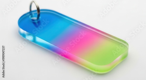 Vibrant gradient acrylic keychain displaying dynamic blue, pink, and green hues on a clean