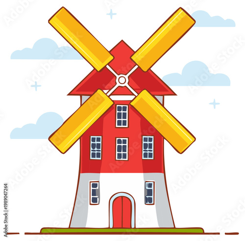 Cartoon windmill illustration with red and yellow blades