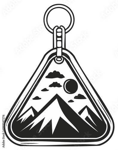 Mountain Landscape Inside Triangle Keychain: Outdoor Adventure Silhouette, Travel Souvenir Vector