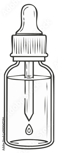 Dropper bottle with liquid dispensing a single drop, line art illustration