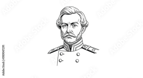 Detailed line art portrait of a military officer with mustache and epaulettes on a white background illustration.
