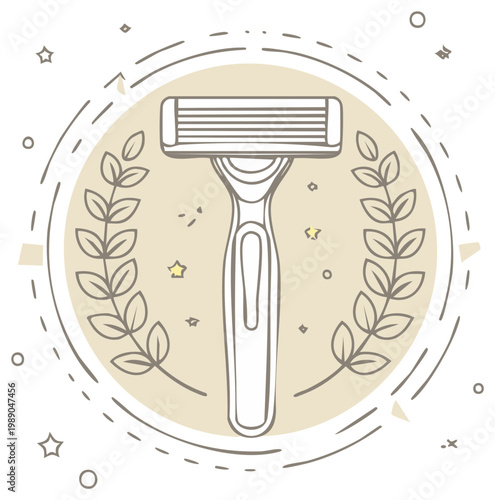 Hand Drawn Razor with Laurel Wreath and Stars Elegant Grooming Illustration