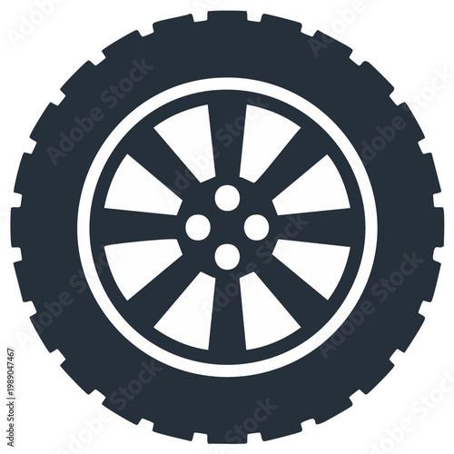 Flat design car wheel and tire icon with detailed tread and elegant spokes