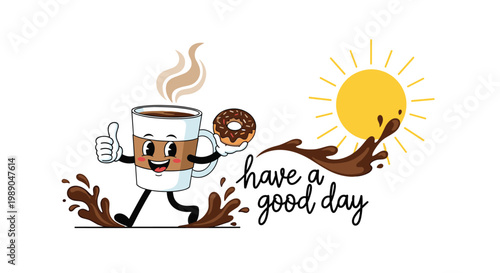 Happy coffee cup character walking with a donut and coffee splash under a smiling sun for good day message.