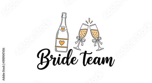 Bride team celebration with champagne bottle and clinking glasses for wedding bachelorette party design.