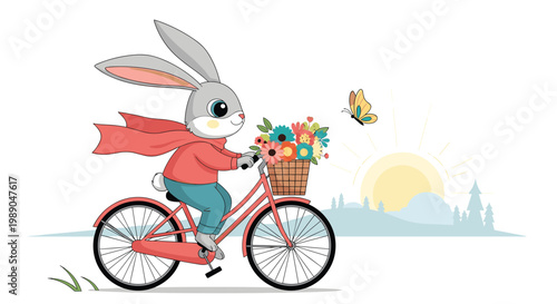 Cute bunny rabbit riding a red bicycle with a basket full of spring flowers on a sunny day in the park.