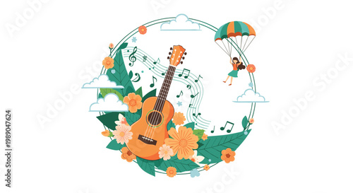 Acoustic guitar with spring flowers music notes and a girl on a parachute for creative summer festival.