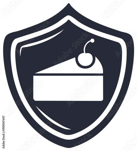 Piece of cake with cherry clip art on a shield shaped sign. Bakery or patisserie icon