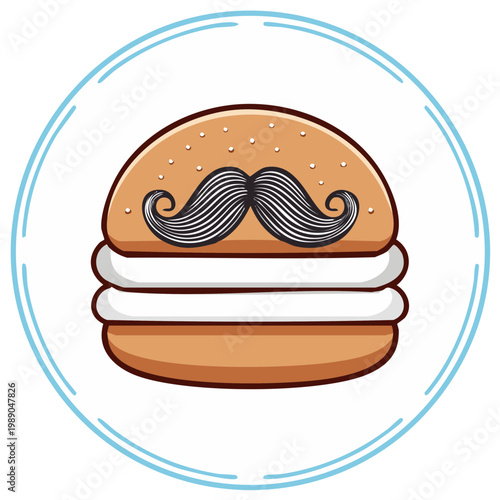 Dapper dessert bun with elegant handlebar mustache and sweet cream filling in a charming cartoon style