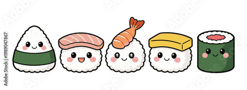 Adorable kawaii sushi and onigiri characters in a vector illustration. Perfect for Japanese food themes, menus, or children's designs