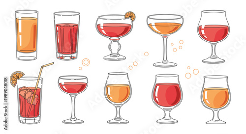 Diverse collection of cocktails and juices in various glasses with colorful liquids for bar menu beverage design.