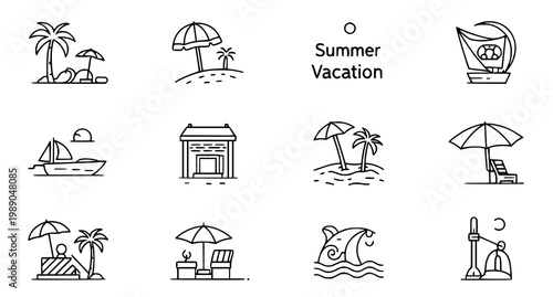 Line icons illustrating summer vacation scenes and activities