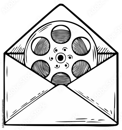 Vintage movie film reel delivered inside an open envelope in a black and white hand drawn sketch style