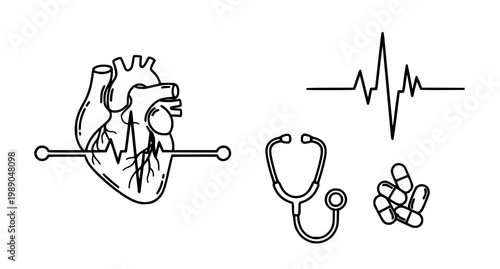 Medical icons featuring heart stethoscope heartbeat line, art
