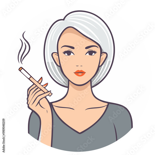 Stylish woman with short silver hair smoking a cigarette vector portrait