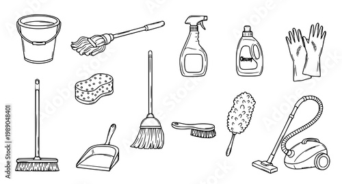 Cleaning supplies collection: buckets mops sprays gloves with cleaning