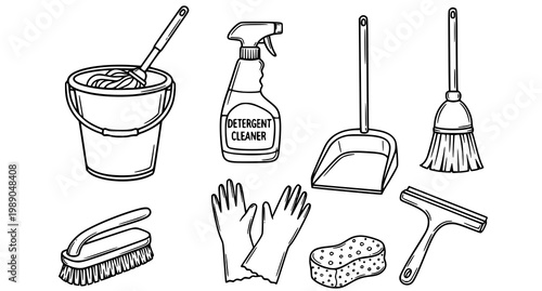 Cleaning equipment set: bucket detergent broom squeegee with cleaning