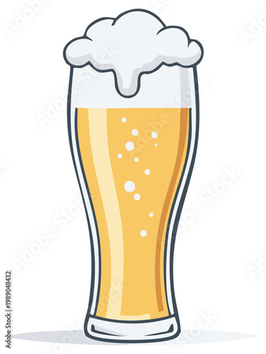 Tall glass of golden beer with frothy white head and rising bubbles isolated on white