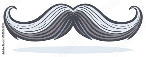 Detailed vector mustache illustration with curling ends on white. Fictional facial hair design element for graphic design.