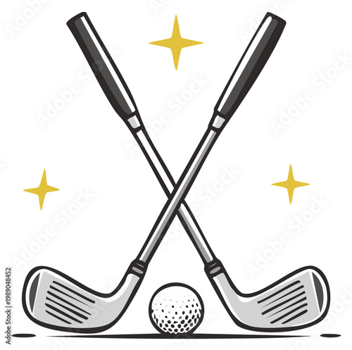 Golf clubs crossed with a golf ball and stars graphic design element