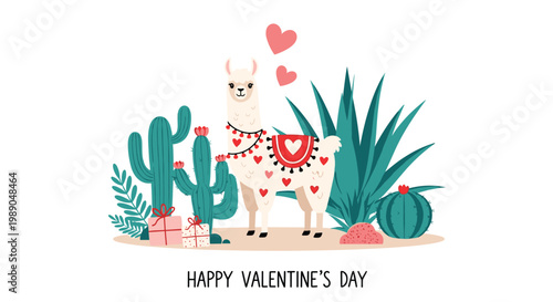 Cute white llama celebrating Valentine Day in a desert landscape with various cacti, presents, and floating pink hearts on a white background.