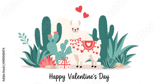 Valentine Day illustration with a llama standing among desert cacti and succulents featuring a gift box and heart symbols in soft colors.