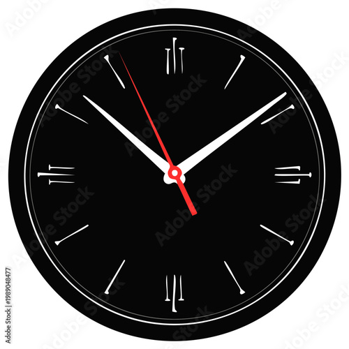 Minimalist black and white analog clock with red second hand representing time management and punctuality