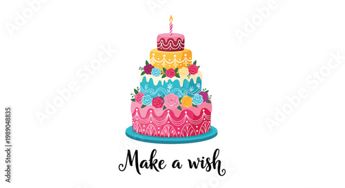 Large multi-tiered birthday cake decorated with colorful icing, frosting flowers, and a single burning candle with the text make a wish.