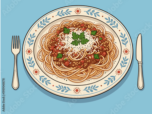 Spaghetti Bolognese Plate Italian Pasta Illustration