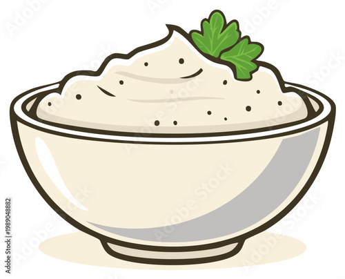 Bowl filled with white sauce and green garnish vector illustration