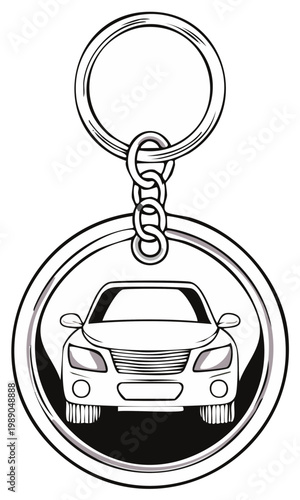 Car Keychain Illustration Detailed Vector Art Souvenir Trinket Auto Key Accessory Gift Item Circle Ring Vehicle Transport