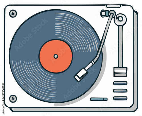 Stylized turntable illustration playing vinyl record music sound, audio listening, retro design