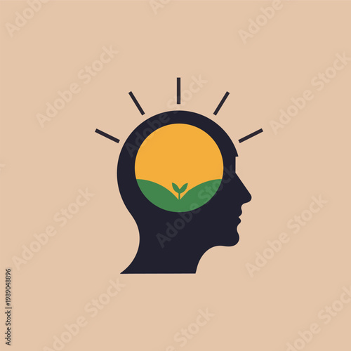 Creative human mind with growing plant and rising sun symbolizing sustainability, eco thinking, mental growth, mindfulness, innovation, harmony, and positive environmental awareness concept.