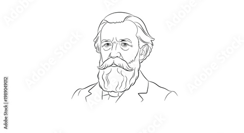 Realistic line drawing of a mature man with a long full beard and hair in a formal suit appears to be a historical portrait.