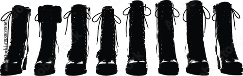 Row of black knee-high boots with laces on white background, fashion footwear arrangement